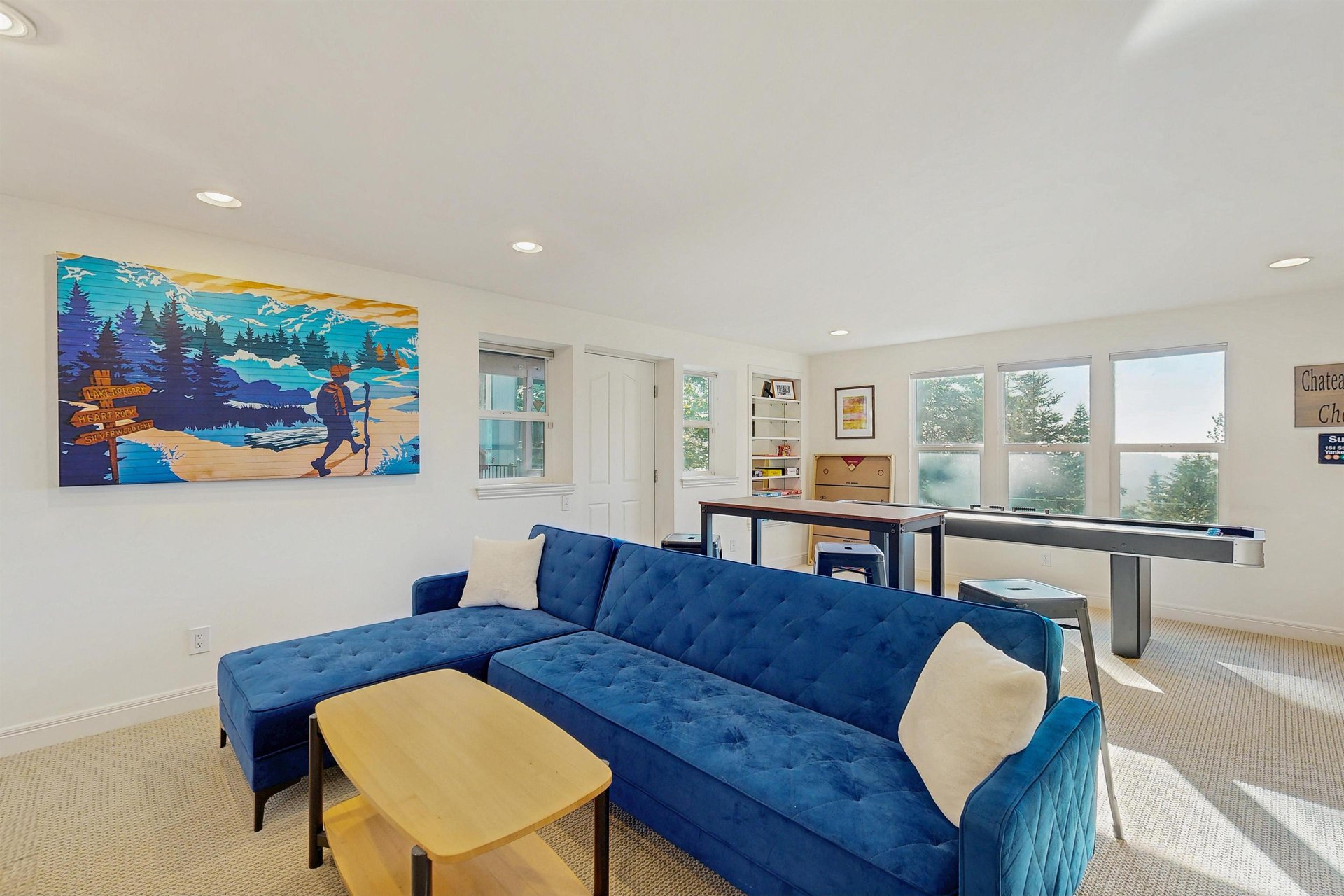 Smart TV, shuffleboard, darts, deck access, and a sofa pullout twin bed.