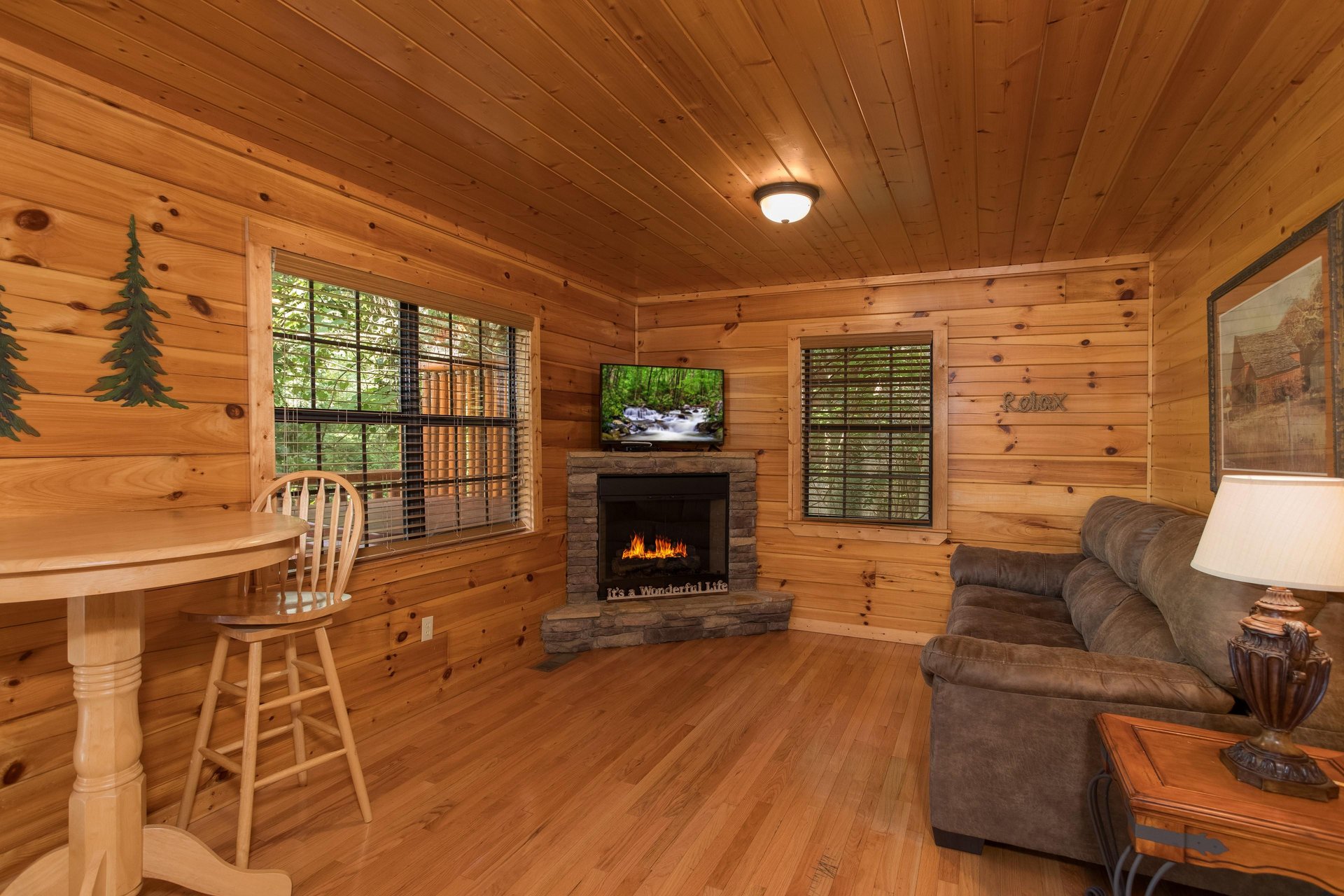 Fireplace and TV in the lower living room at Kick Back  Relax A 4 bedroom cabin rental located in Pigeon Forge