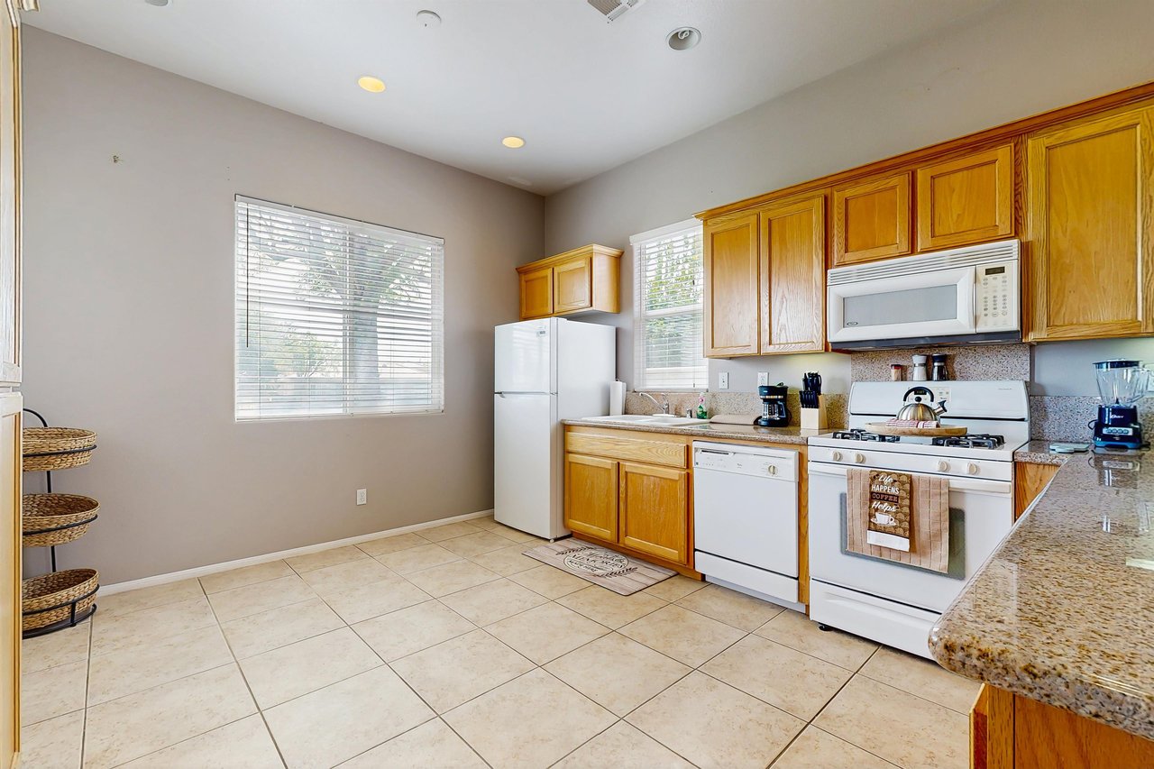 Complete with drip coffee maker, toaster, blender, and kitchen essentials.