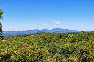 The property is set in a beautiful location with stunning mountain ranges rising above lush forests, creating a peaceful natural backdrop.