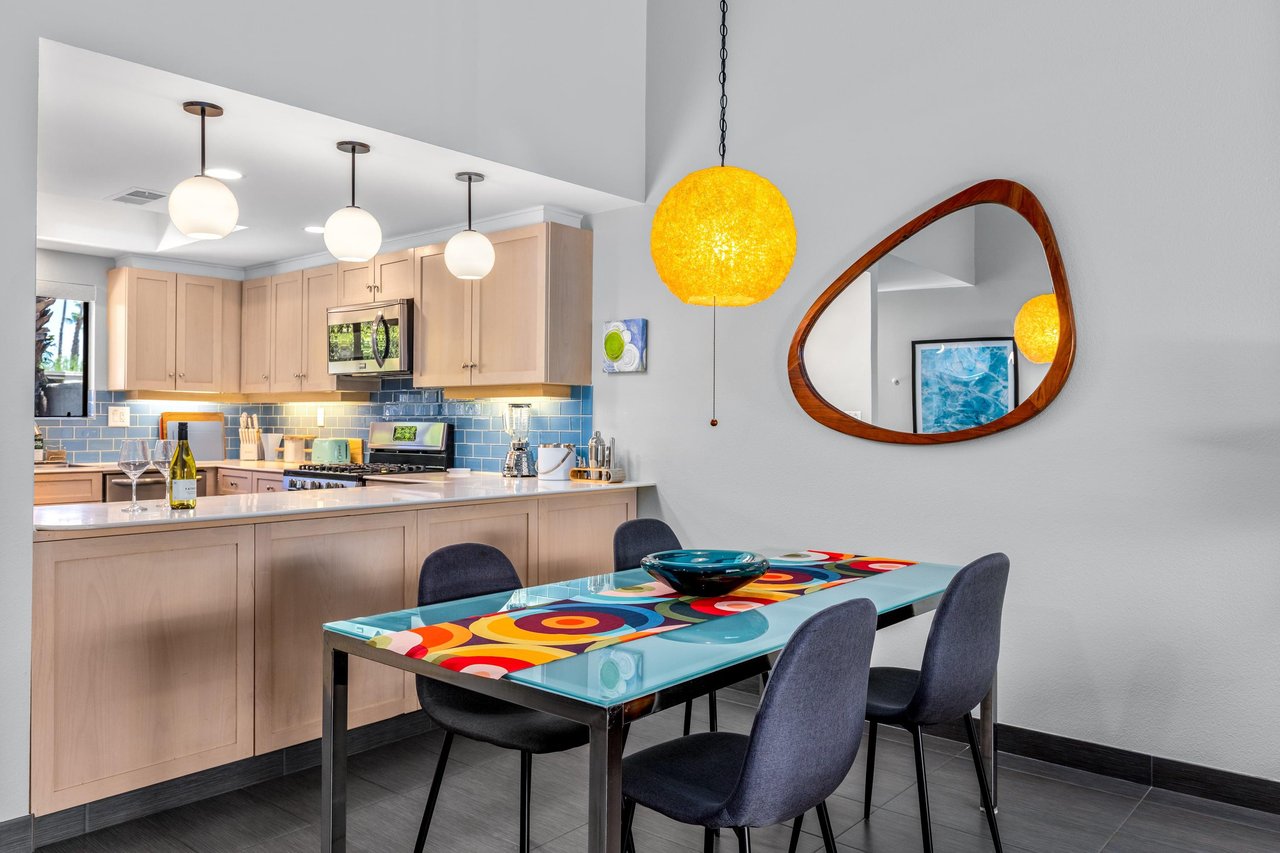 Dining area includes table and chairs for 6 guests.