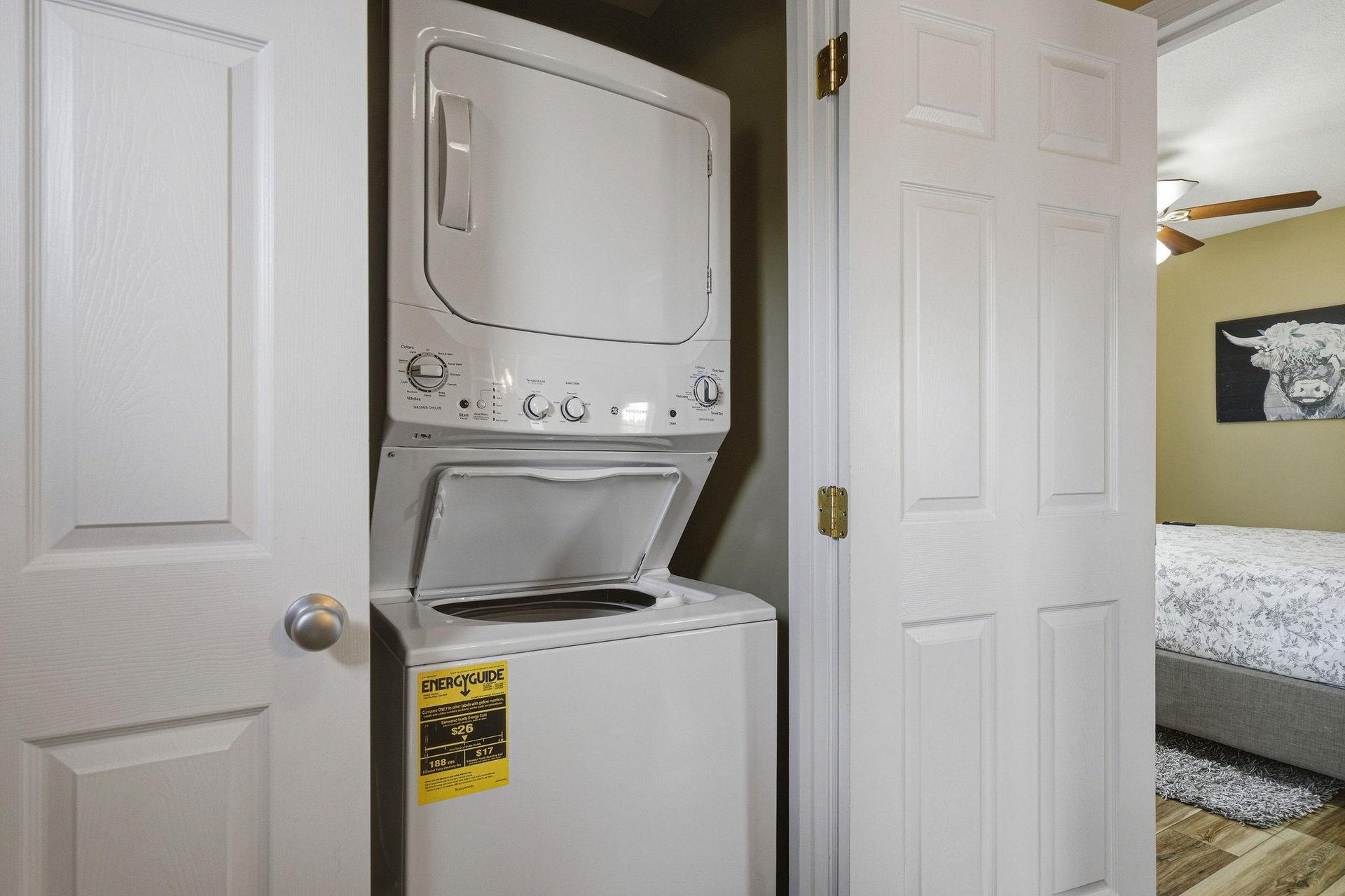 Enjoy the convenience of inunit laundry with this stacked washerdryer combo, tucked neatly into your private space for effortless care of your belongings.