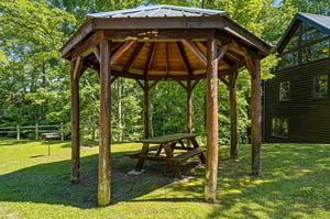 Rustic covered pavilion with picnic table nestled in lush greenery—perfect for outdoor dining, relaxing with morning coffee, or enjoying the fresh mountain air.