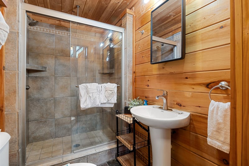 Pedestal sink with walk in shower