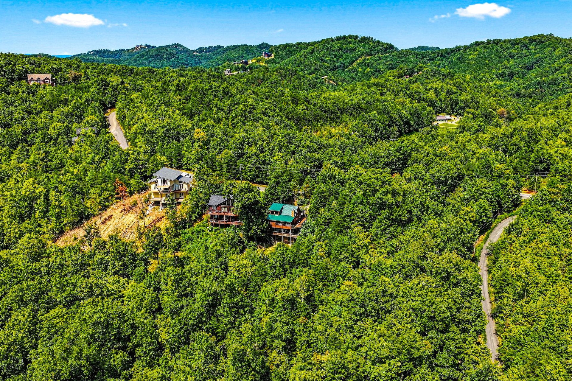 Aerial view of vacation rental cabins nestled within lush mountain forest, showcasing the propertys secluded hillside location and winding access roads through dense woodland.