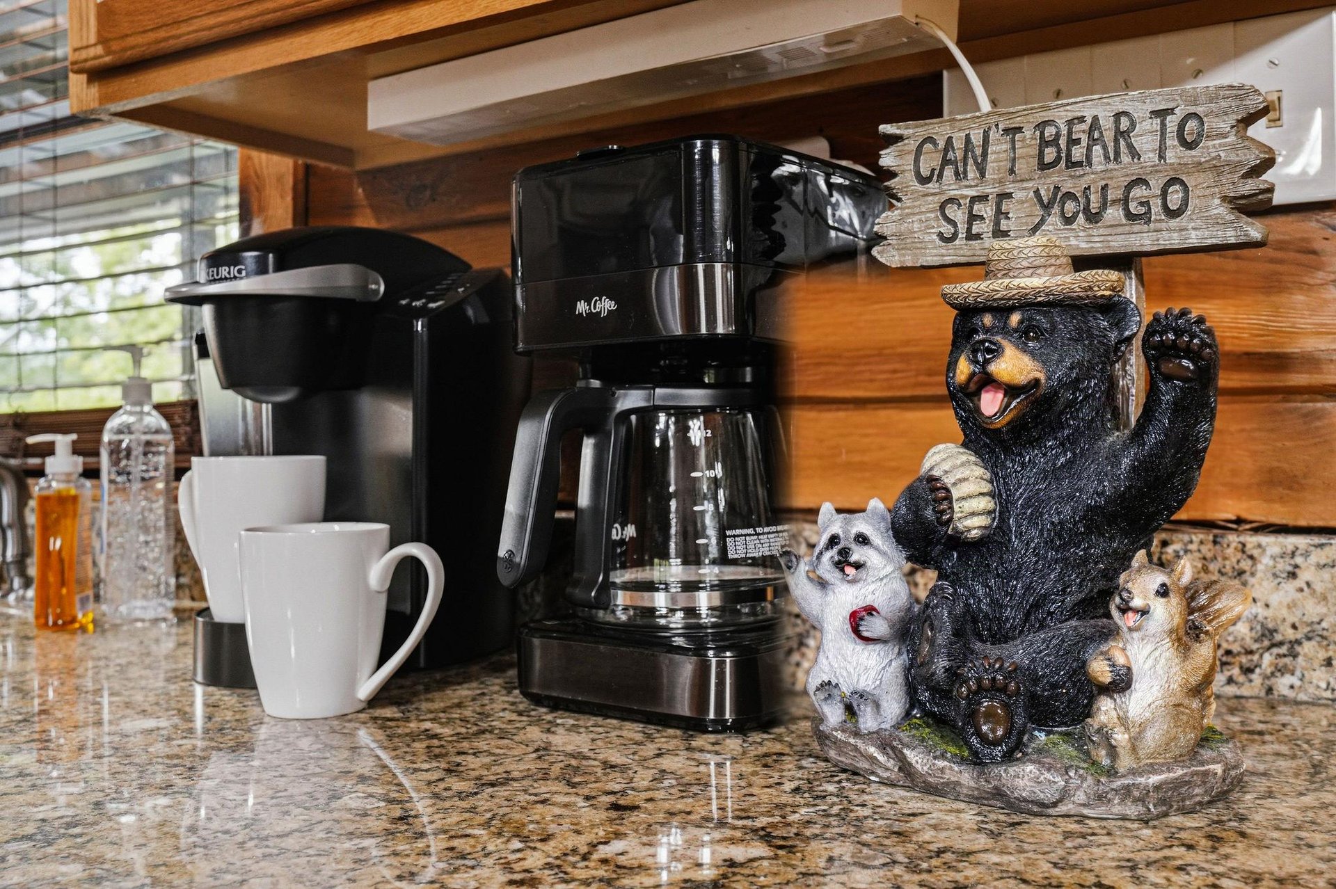 Wake up to your perfect cup with a full coffee station ready for those cozy mountain mornings—complete with both a Keurig and drip coffee maker.