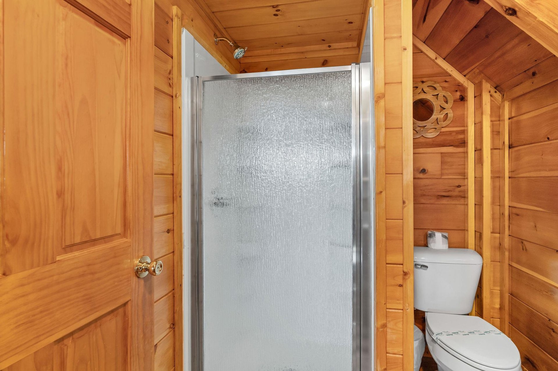 Walk in shower with divider wall and toilet