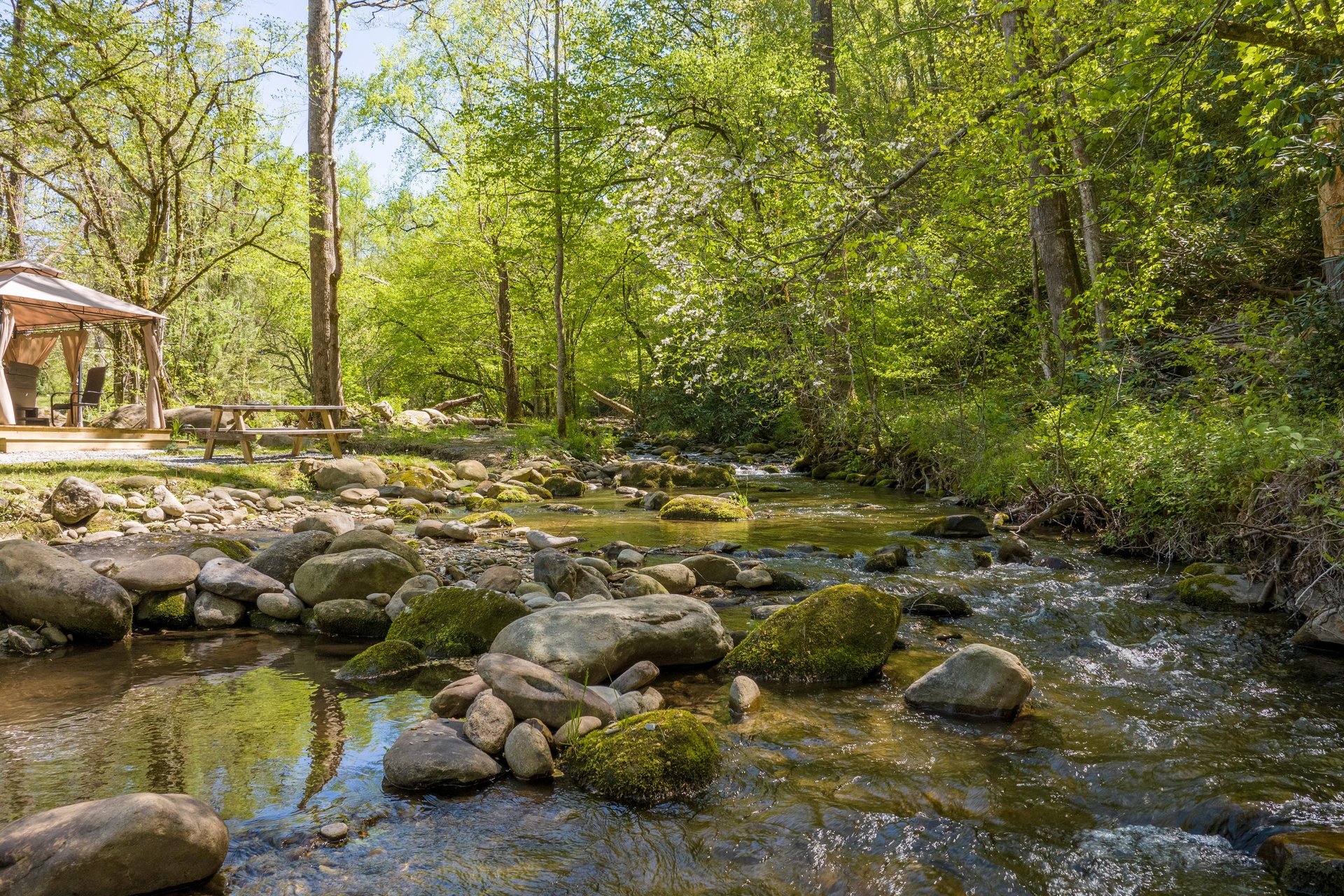 Creek near gazebo and picnic table