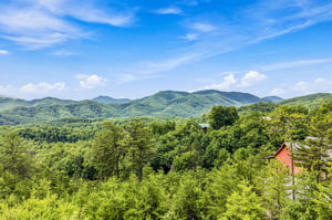 The property sits nestled among lush forested hills beneath a brilliant blue summer sky, offering peaceful seclusion surrounded by the natural beauty of the mountains.