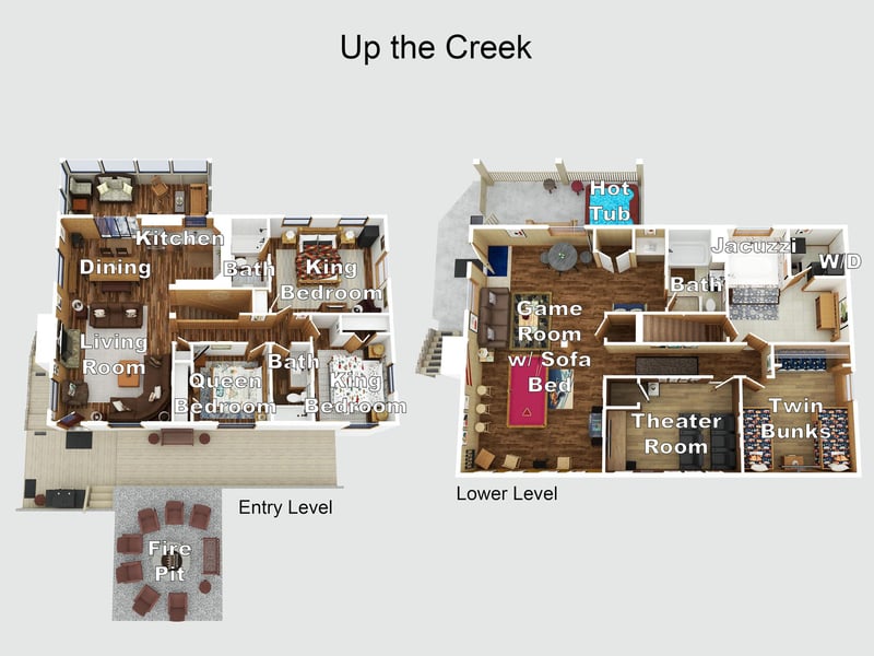 A detailed floor plan reveals spacious living across two levels, featuring multiple bedrooms, a cozy game room, private hot tub, and a home theater for memorable evenings together.