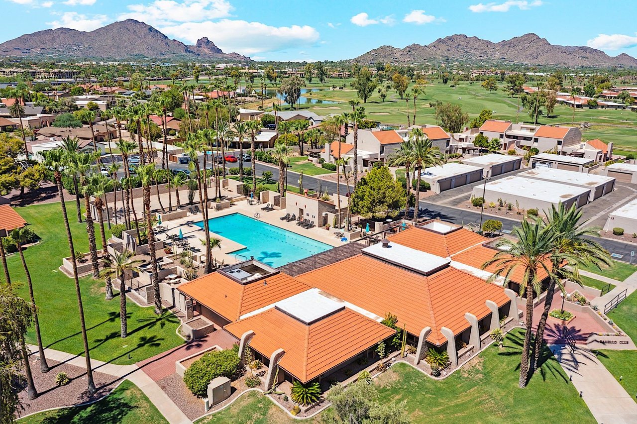 Aerial view of community pool and club house
