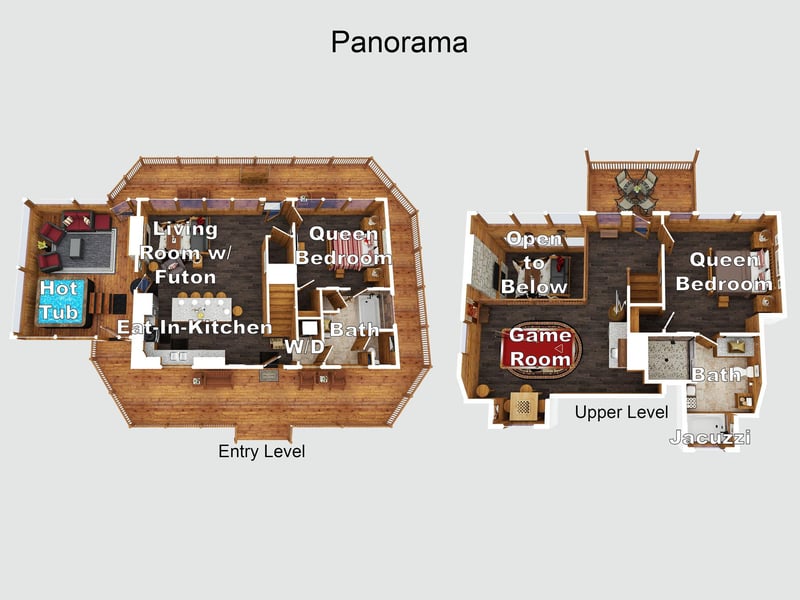 This spacious cabin layout includes two levels with queen bedrooms, a cozy game room, a hot tub, and an open kitchen perfect for gathering.