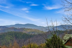 Stunning mountain vistas stretch across rolling hills beneath brilliant blue skies, creating a peaceful natural backdrop for the property.