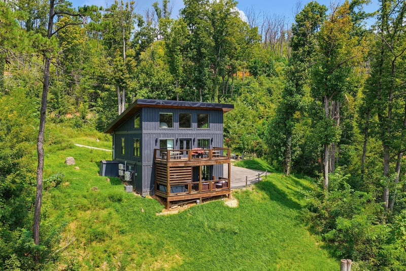 Modern vacation retreat nestled among towering trees, featuring multilevel decking and a private hillside setting perfect for a peaceful escape.