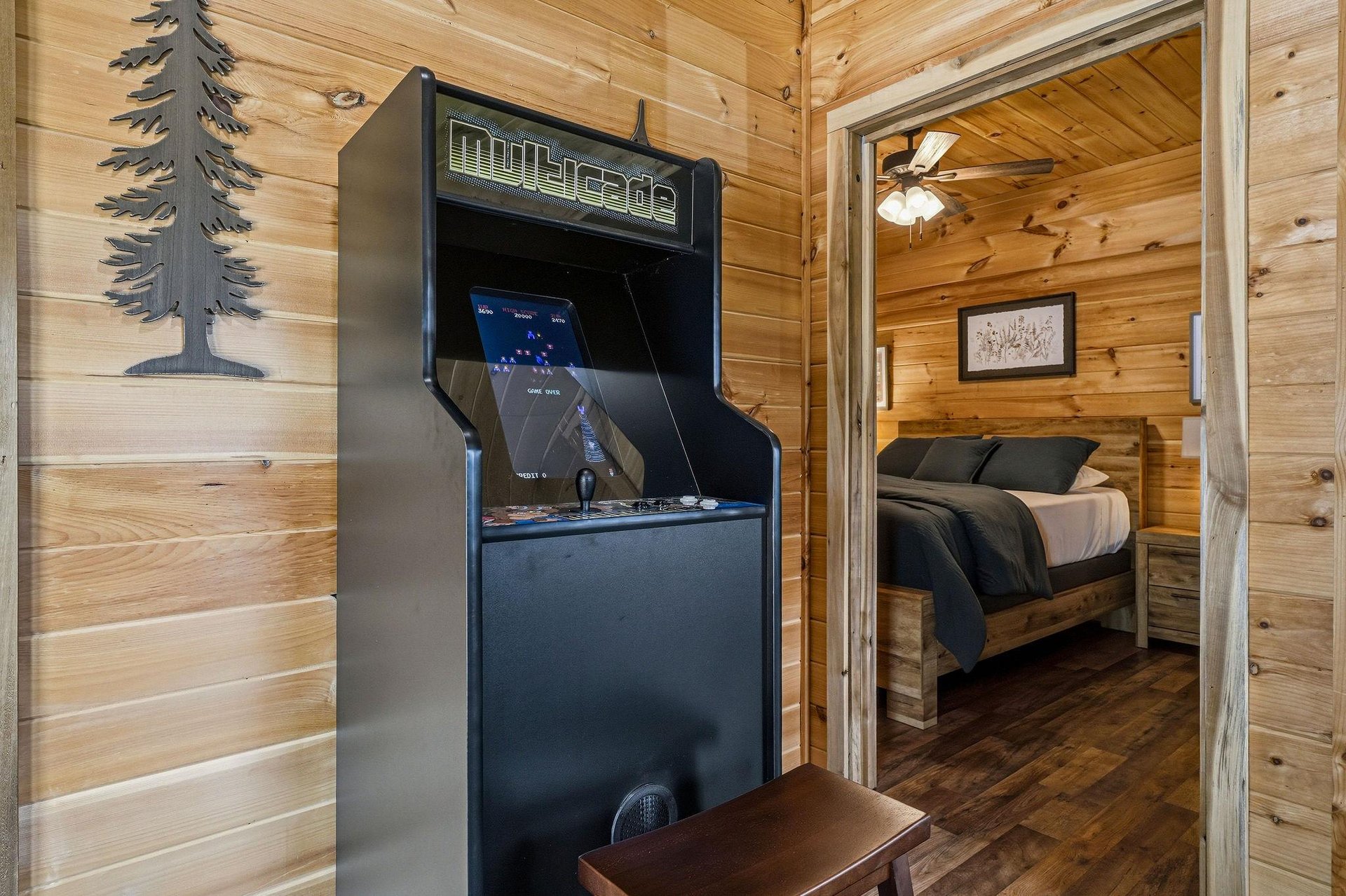 Challenge yourself to a classic arcade game before settling in for the night in your cozy bedroom just steps away.
