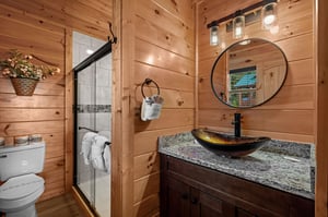 Single vanity bowl sink with walk in shower