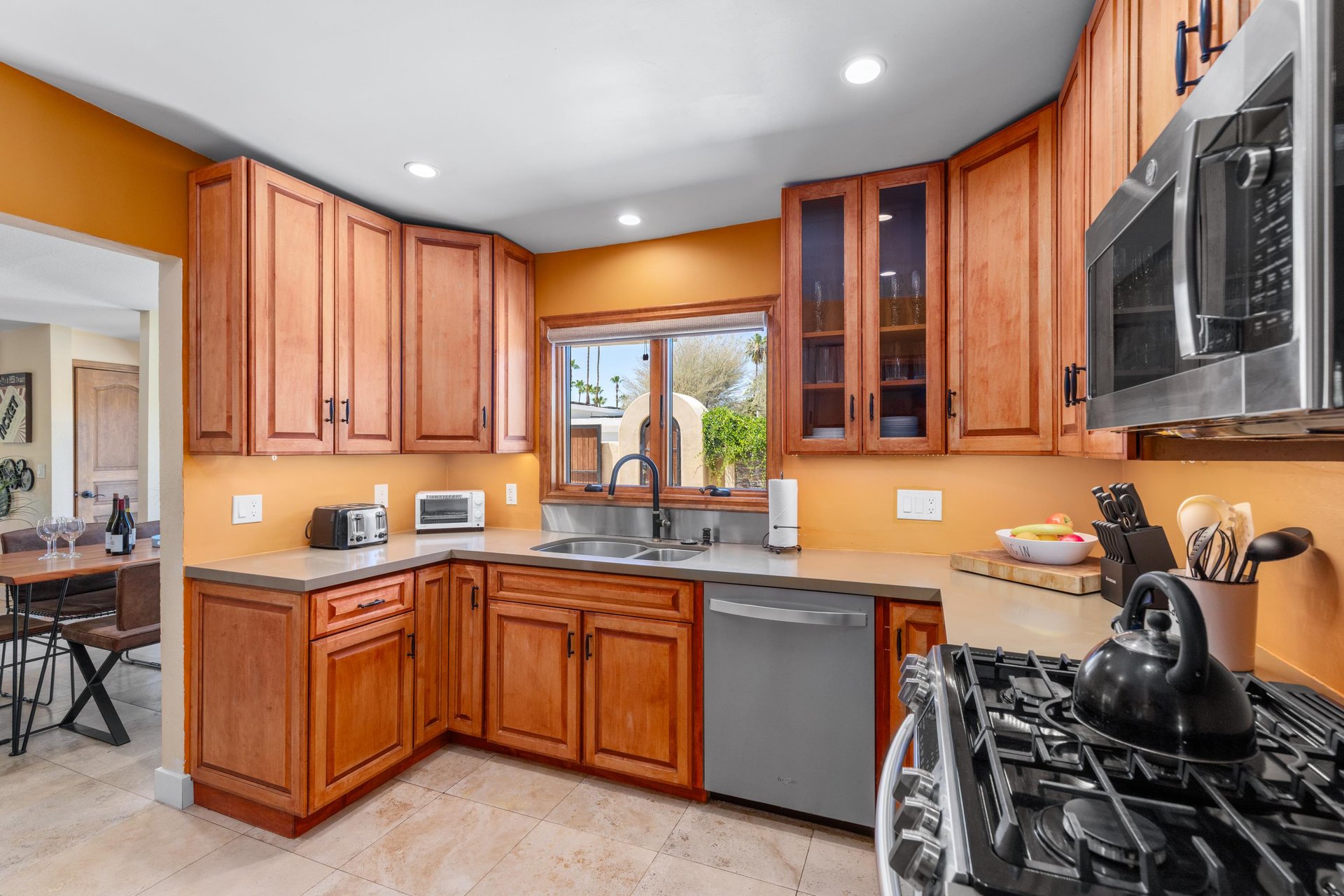 Stainless steel appliances and cooking essentials.