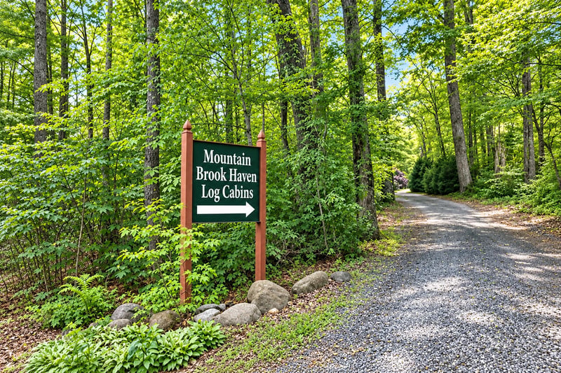 The property entrance is marked by a welcoming sign set within a serene, forested landscape with mature trees and a wellmaintained gravel driveway.