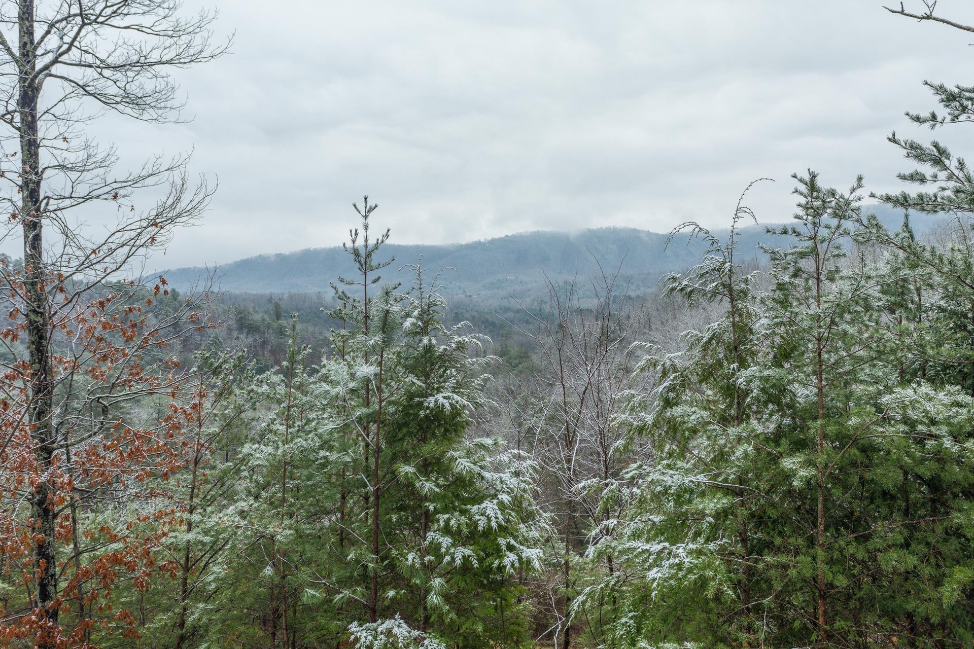Snowy mountain views at Alpine Romance, a 2 bedroom cabin rental located in Pigeon Forge