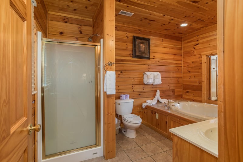 Bathroom with a jacuzzi tub and separate shower at Howlin in the Smokies, a 2 bedroom cabin rental located in Pigeon Forge