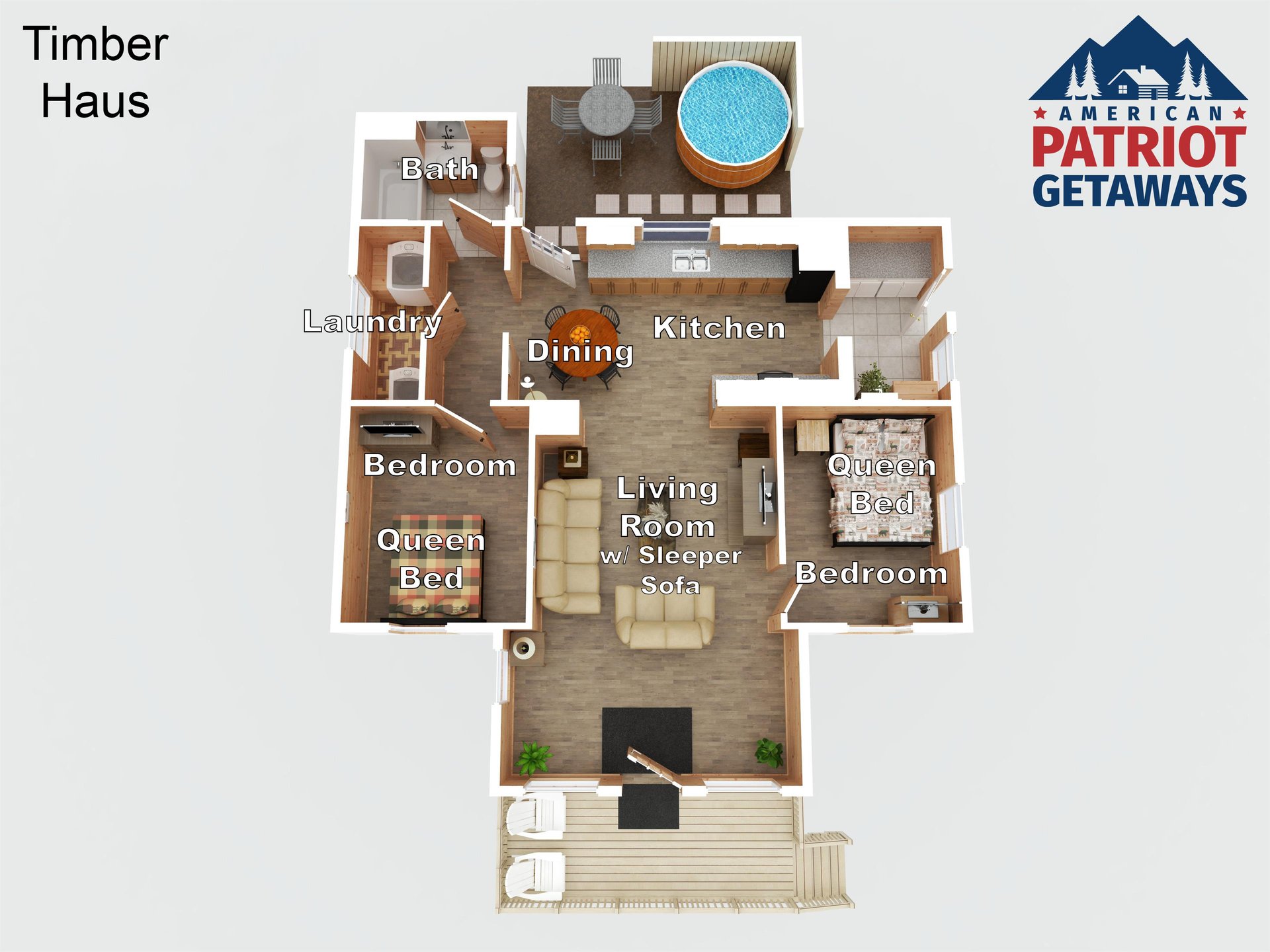 Explore the spacious layout of Timber Haus featuring two queen bedrooms, full kitchen, dining area, and relaxing hot tub.