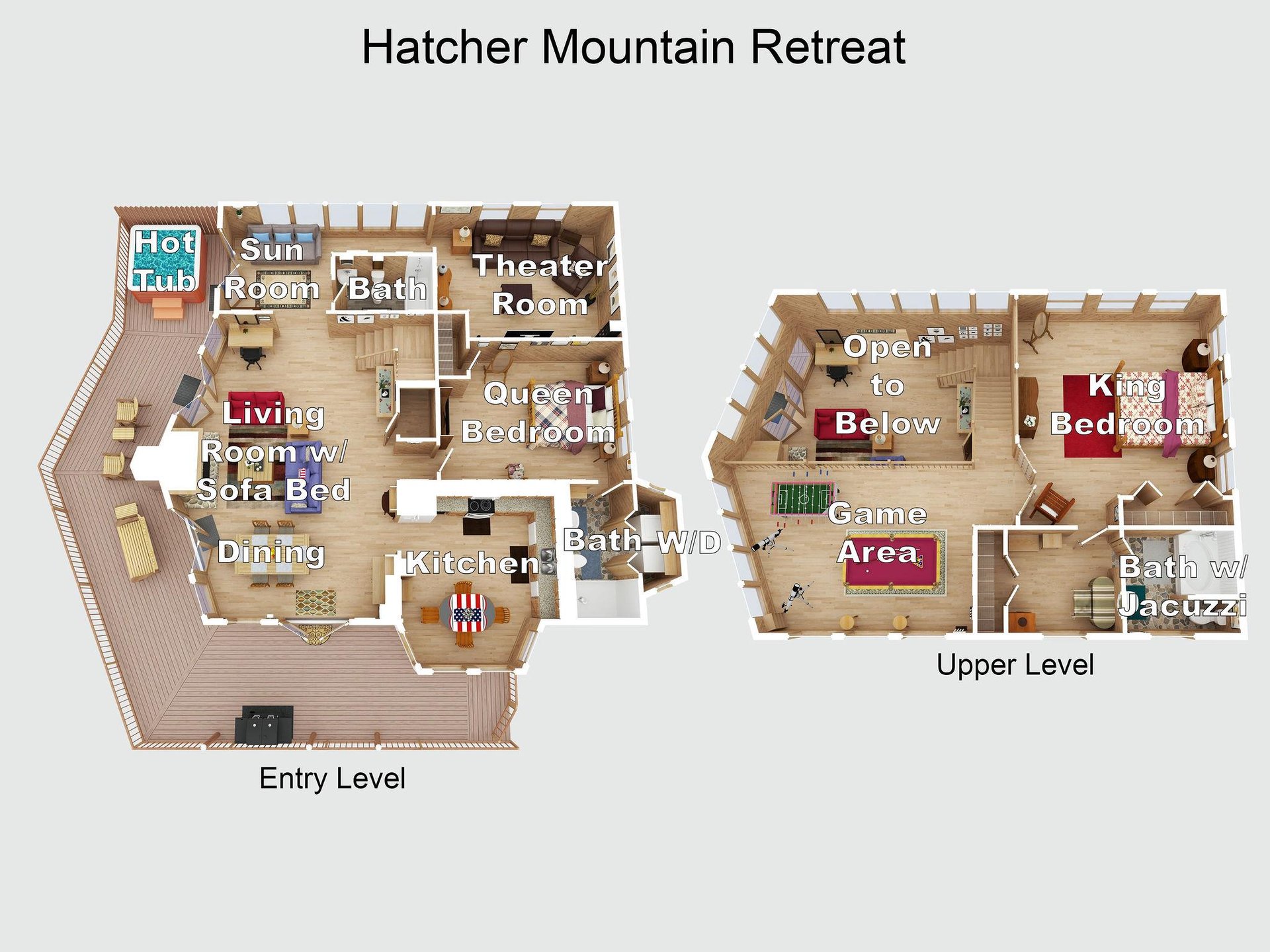 This detailed floor plan showcases the spacious twolevel layout of Hatcher Mountain Retreat, highlighting multiple bedrooms, bathrooms, entertainment areas, and the hot tub for your group getaway.