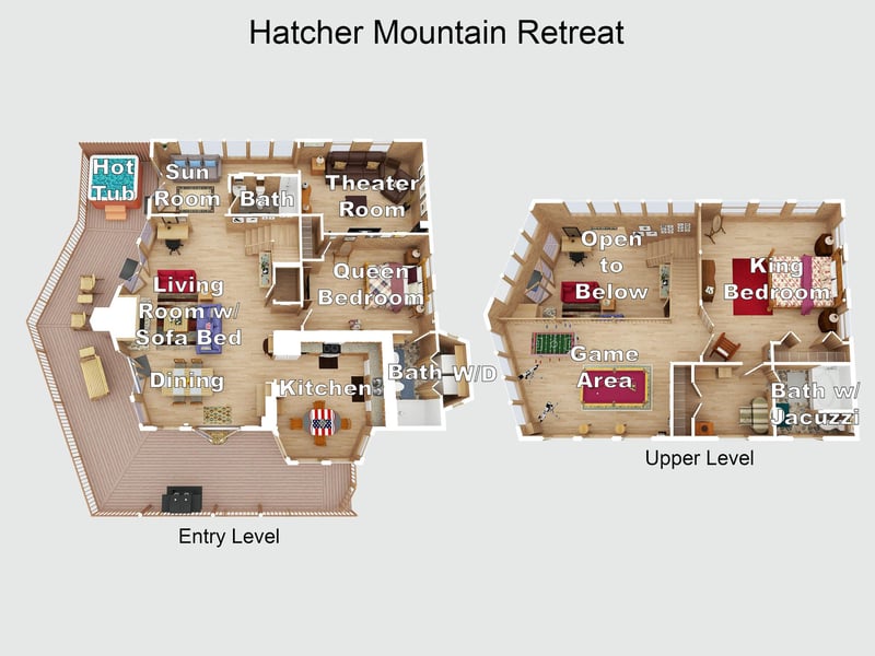 This detailed floor plan showcases the spacious twolevel layout of Hatcher Mountain Retreat, highlighting multiple bedrooms, bathrooms, entertainment areas, and the hot tub for your group getaway.