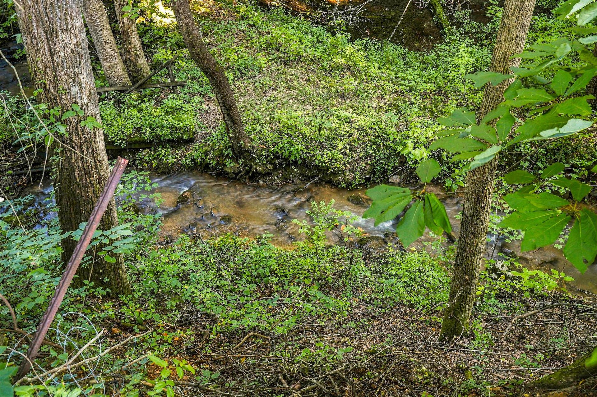 A peaceful stream winds through lush woodland near the property, offering a serene natural setting for your stay.