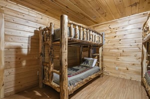 Cozy handcrafted log bunk beds bring rustic mountain charm to your family retreat, with natural wood walls creating warmth throughout.