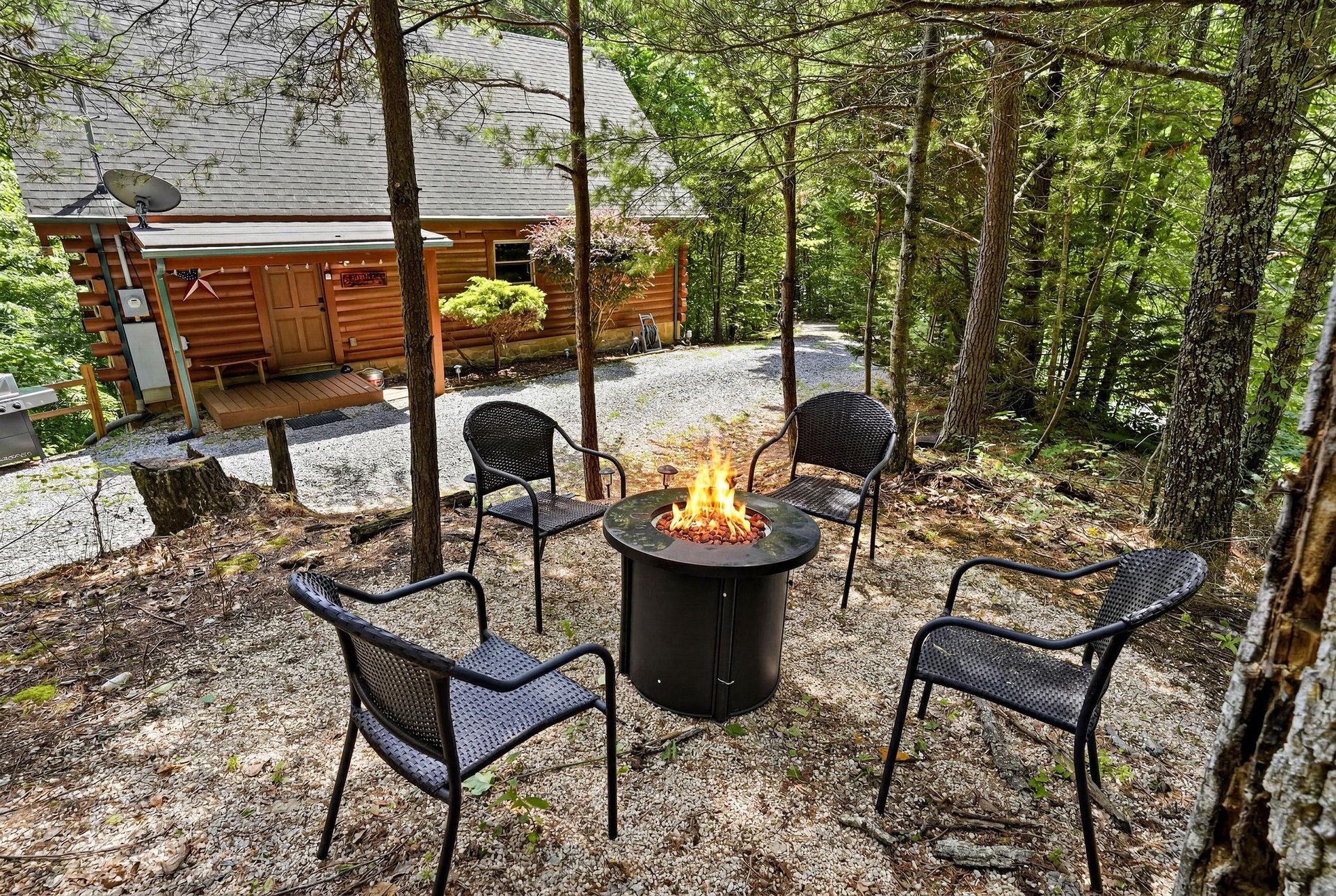 A cozy log cabin nestled among towering pines, with a fire pit and seating area where you can gather under the trees and enjoy peaceful forest views.
