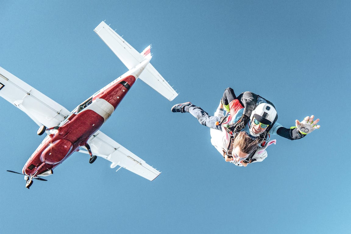 Tandem skydiving over the Texas coast near Port Aransas