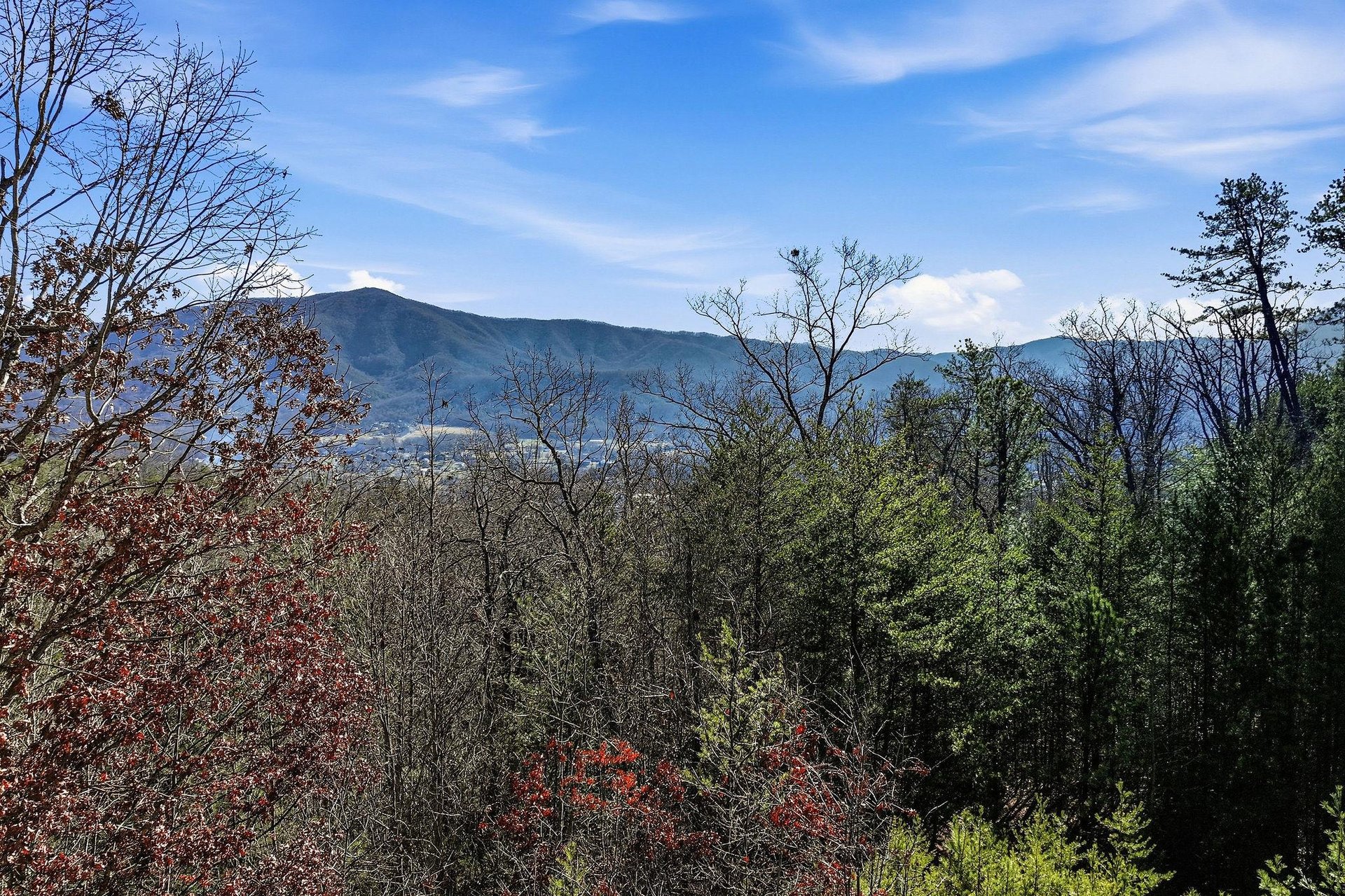 Stunning mountain views frame this peaceful valley setting with rolling hills and lush forest surroundings.