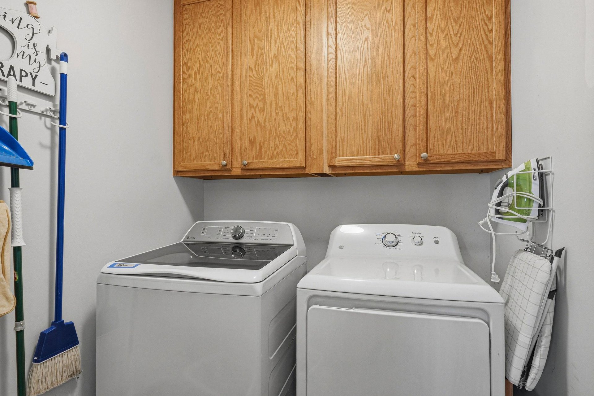 Your dedicated laundry setup features a fullsize washer and dryer, plus ample cabinet storage for all your supplies—no need to pack your entire closet.