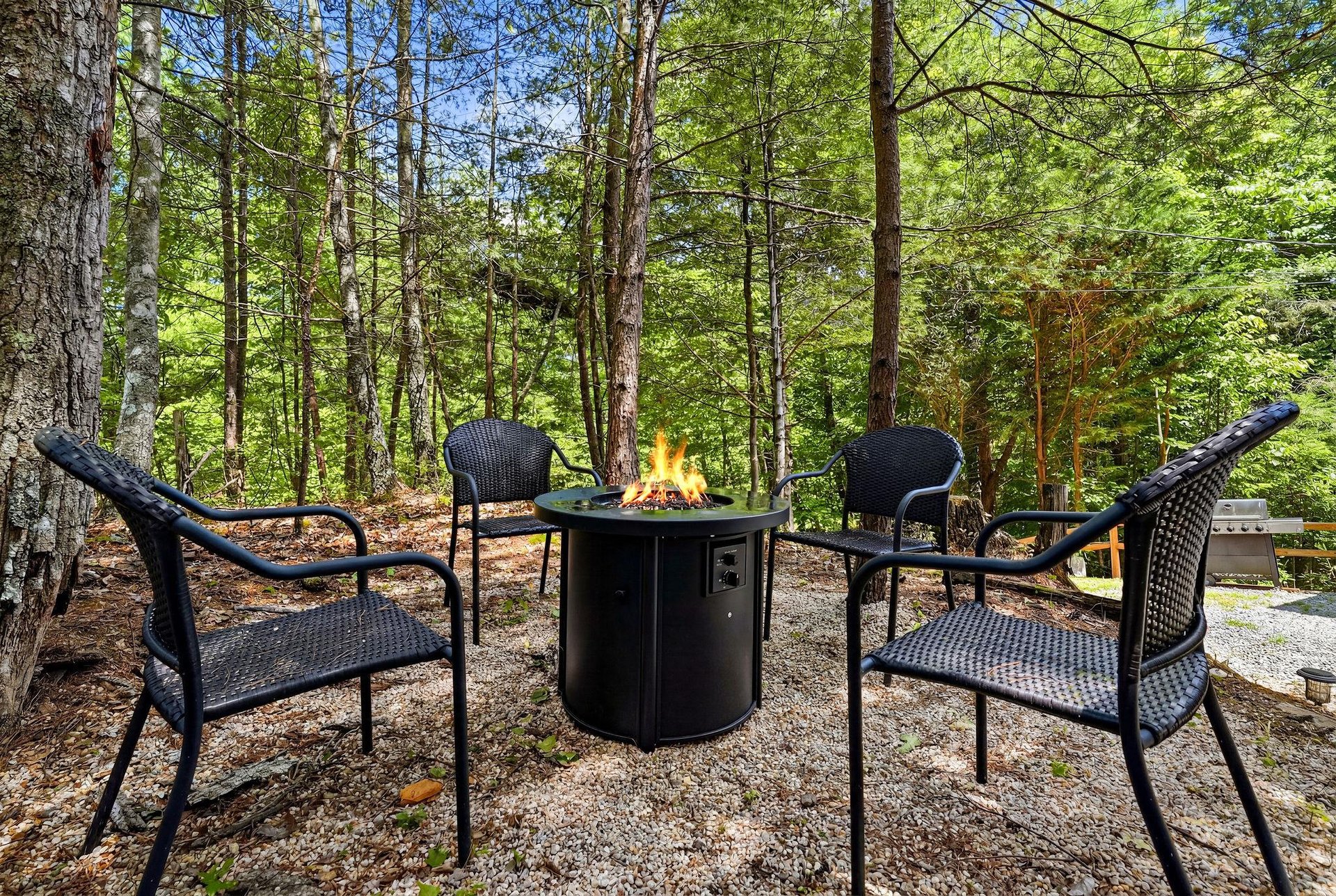 A tranquil forest setting surrounds this outdoor seating area with a cozy fire pit, perfect for peaceful evenings under the trees.