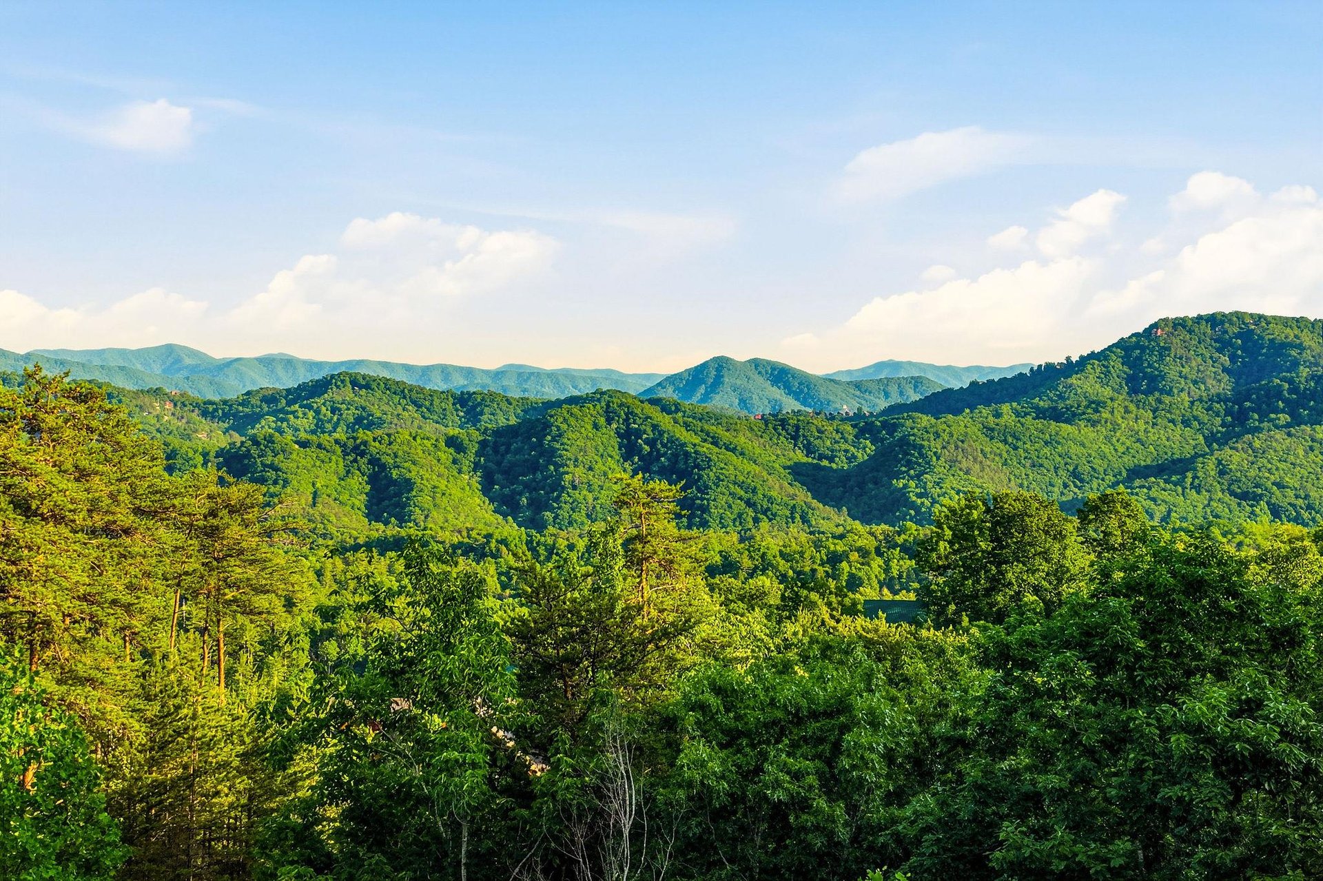 Stunning mountain landscape surrounds the property, with lush forested peaks stretching across the horizon under a bright summer sky.