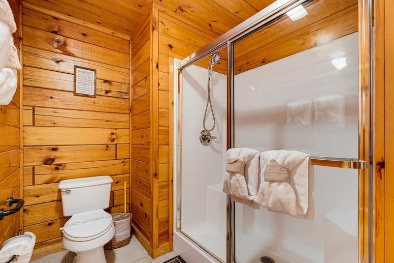 Cozy cabinstyle bathroom with warm pine walls, a gleaming shower, and fresh towels waiting for you.