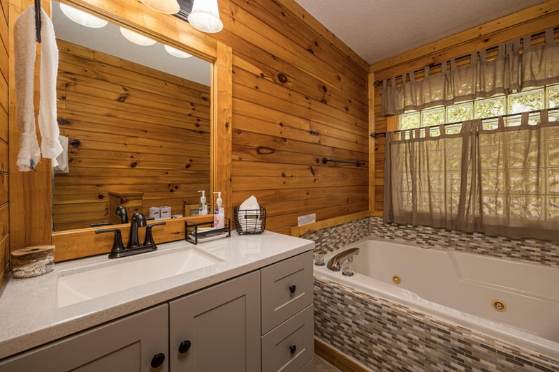 Single vanity sink with jacuzzi tub under window