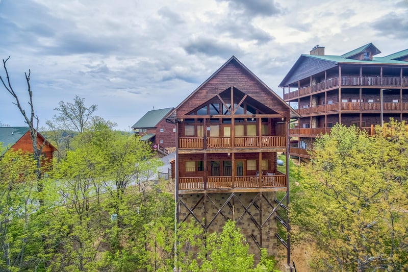 Looking back at the cabin from a drone at Howlin in the Smokies, a 2 bedroom cabin rental located in Pigeon Forge