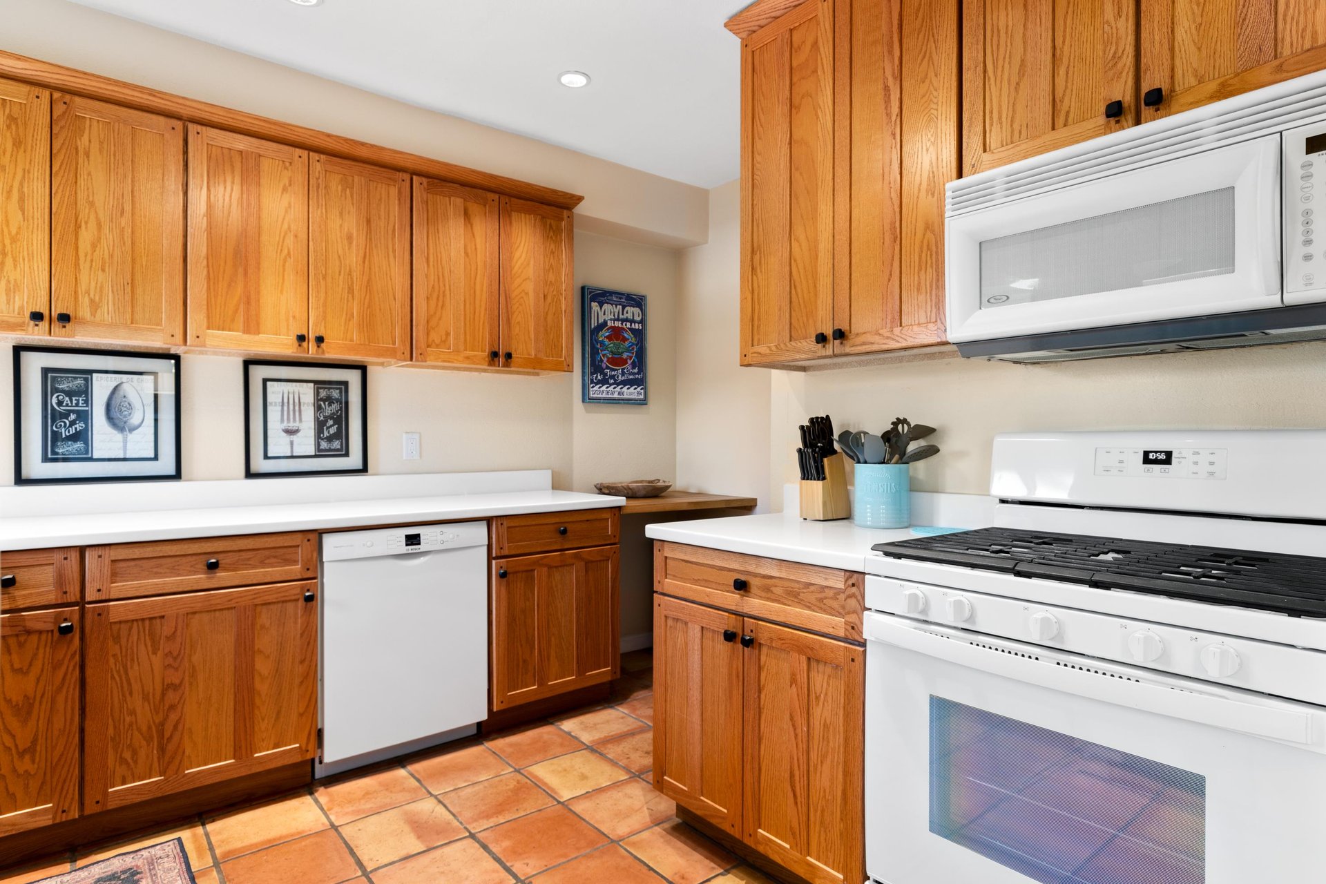 View of stove and additional counter space.