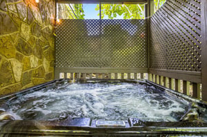 Slip into your private hot tub surrounded by leafy green views and decorative screens. Let the bubbling water melt away the day as sunlight filters through the lattice and vines overhead.