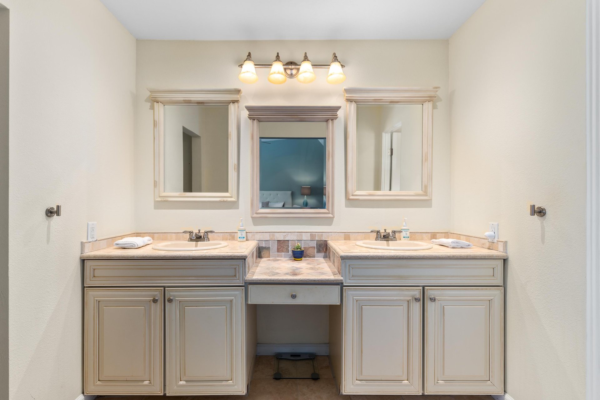 Includes dual vanity sinks.