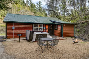 Rustic log cabin retreat surrounded by spring forest, featuring hot tub, outdoor dining, and fire pit for perfect mountain getaway relaxation.