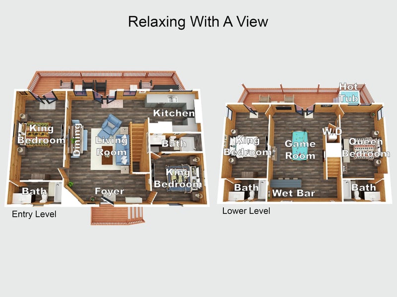 Your spacious mountain retreat features two levels with king bedrooms, game room, hot tub, and wet bar for ultimate relaxation.