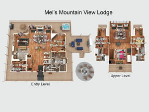 Mels Mountain View Lodge floor plan showcases a spacious twolevel layout with multiple bedrooms, cozy living areas, a hot tub, game room, and outdoor fire pit for relaxation.
