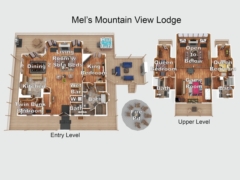 Mels Mountain View Lodge floor plan showcases a spacious twolevel layout with multiple bedrooms, cozy living areas, a hot tub, game room, and outdoor fire pit for relaxation.