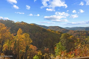 A stunning mountain view wrapped in autumns golden embrace, where layers of hills and trees paint a breathtaking backdrop for your stay.