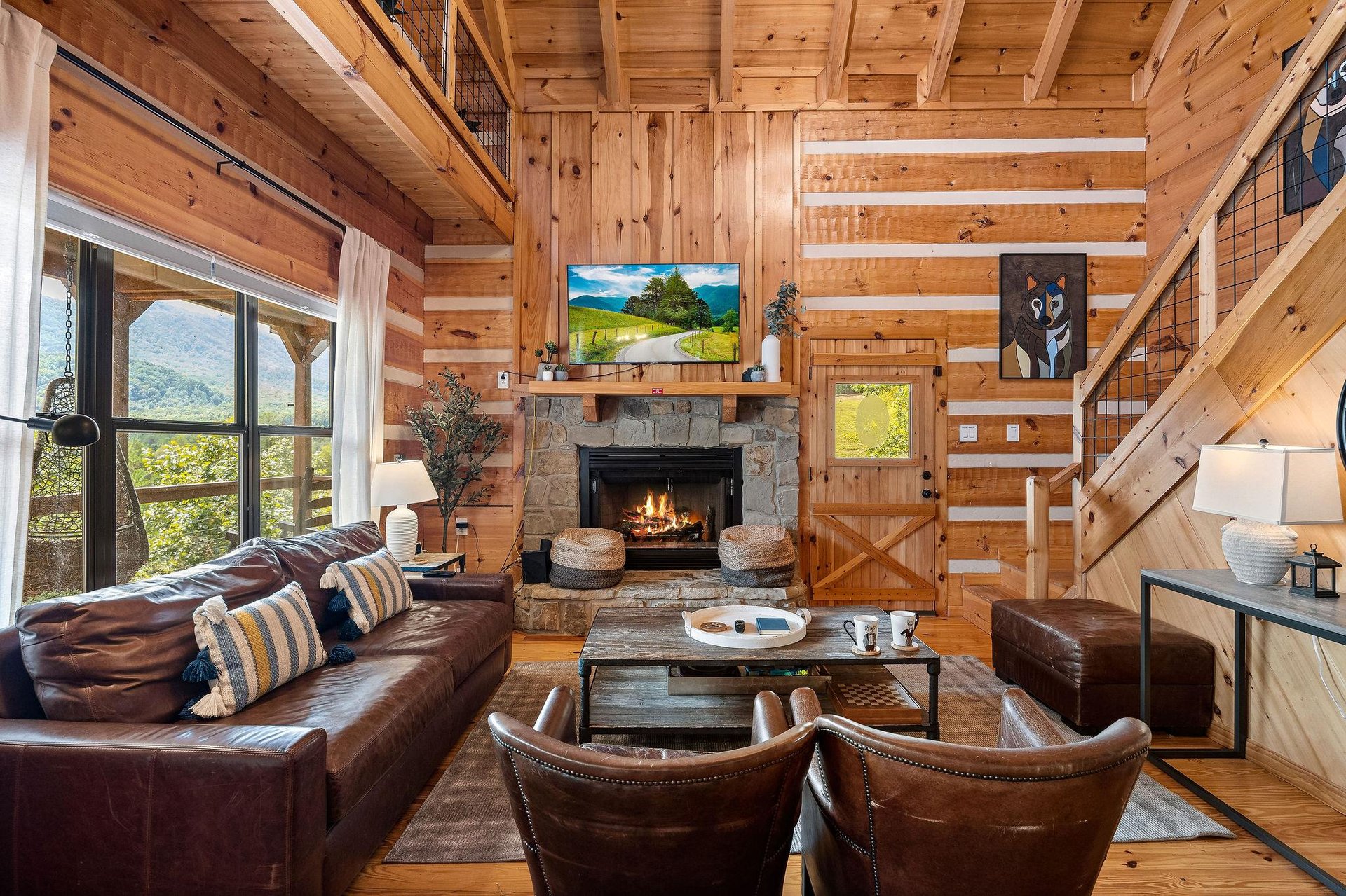 Living room with stone fireplace