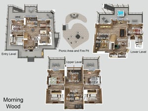 Explore the spacious layout of this luxurious multilevel retreat with bedrooms, entertainment areas, and outdoor fire pit.