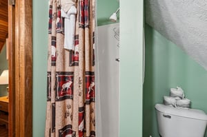 Step into your cozy bathroom with rustic charm, featuring a peaceful shower space and thoughtfully stocked amenities for your comfort.