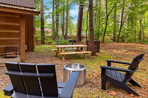 Your woodland retreat awaits with cozy outdoor seating around a sleek fire pit, plus a picnic table and BBQ area nestled among towering trees—perfect for fall evenings under the canopy.